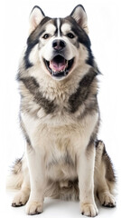 Wall Mural - full body portrait of happy Alaskan Malamute Siberian Huskies dog sitting with mouth open and tongue hanging out isolated on white background