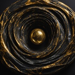 Poster - Spherical golden object at center of concentric circles that spiral outwards, creating striking visual effect against dark background. These circles have textured appearance with golden edges.