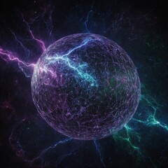 Poster - Sphere at center of image, covered in complex network of purple, pink lines that resemble web, neural network. This sphere surrounded by dark space, giving it sense of isolation.