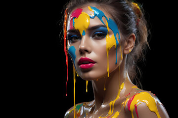 Wall Mural - A colorful portrait of a beautiful young girl who has a face with modern, urban make-up and the whole face painted in vivid colorful paint. Generated AI	