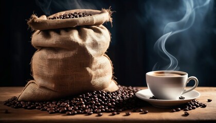 Wall Mural - a sack of coffee beans with no writing on the old wooden table and a cup of coffee next to it, bokeh lights background, ad shot
