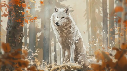 Poster - Portrait of a white wolf. Wolf in the whimsical forest