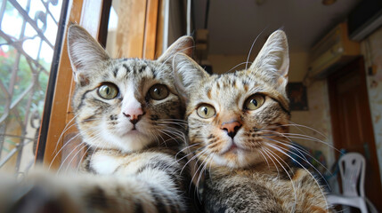 Wall Mural - Two pairs of cute cats taking selfie portrait with adorable pose