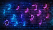 © DigitaArt.Creative - a captivating arrangement of neon lights shaped like musical notes against a dark brick wall backdrop