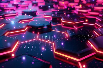 Poster - Glowing red lines on abstract hexagon pattern