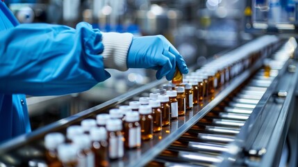 Wall Mural - Production line conveyor belt  Pharmacist scientist with sanitary gloves examining medical vials.