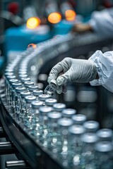 Wall Mural - Production line conveyor belt  Pharmacist scientist with sanitary gloves examining medical vials.