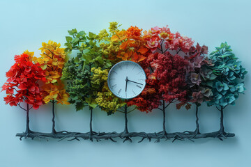 Poster - a tree with leaves that are clocks. concept of growth and time. generative ai.