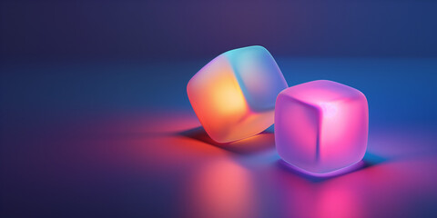 Luminous glowing rounded cube shapes in dark background. Matte glass surfaces in blue, pink and yellow colors.