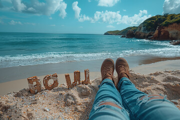 Wall Mural - A person enjoying a quiet moment by the sea, feet in the sand. Concept of peace and nature's comfort. Generative Ai.