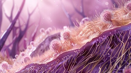 Wall Mural - An illustration of a cross-section of skin showing hair roots and pigmentation cells against a purple background as a 3D rendering. The illustration is in the
