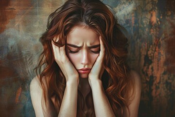 Sticker - Portrait of beautiful stressed woman. Young woman suffering from headache desperate and stressed because pain and migraine. Hands on head