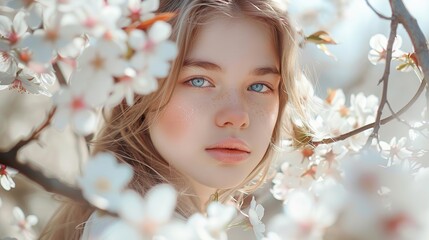 Poster - Portrait of beautiful young girl posing with pinky white flower branches of blooming tree in spring. Spring photoshoot background