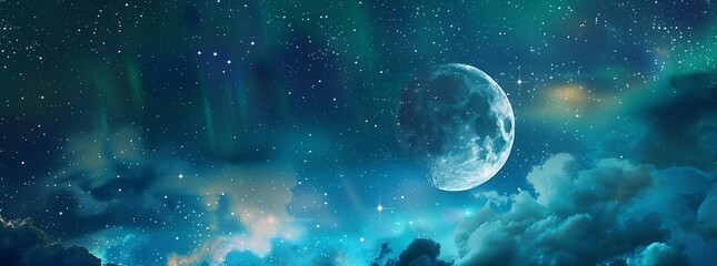 Wall Mural - beautiful starry night sky, crescent moon above clouds. celestial background with glowing constellat