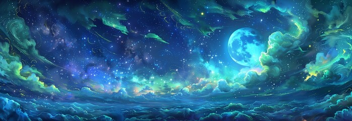 Wall Mural - beautiful starry night sky, crescent moon above clouds. celestial background with glowing constellat