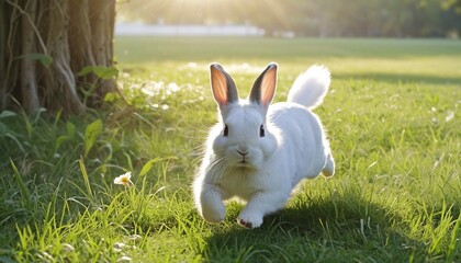 cute little rabbit running on grass field