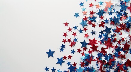 Red, blue, and silver star-shaped confetti scattered on a white background, creating a festive and celebratory atmosphere. memorial, labor day and election, USA 4th of july independence day.