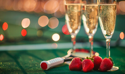 Canvas Print - Luxury sporting tennis event with glasses of champagne and strawberries on a tennis court