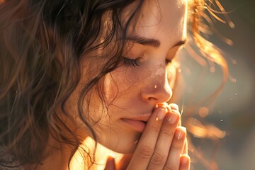 Close-up portrait of a young woman praying, embodying a biblical figure