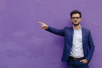 Against a bold purple-violet wall background, a confident businessman wearing stylish eyeglasses stands poised, ready to captivate attention