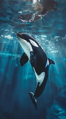 Canvas Print - Orca jumps out of the ocean. Orca whale emerges powerfully from the chilly waters, creating a dynamic interplay of movement and light. 