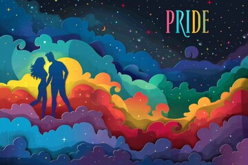 Wall Mural - Two figures with rainbow colors and PRIDE text representing love inclusivity and diversity in a vibrant and creative design with a night sky background