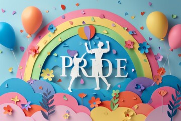 Wall Mural - Colorful illustration of dancing figures with rainbow and PRIDE text symbolizing love inclusivity and diversity in a vibrant and joyful design with balloons and flowers