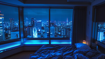 view of the window bedroom modern apartment in city neon japan, dark blue light