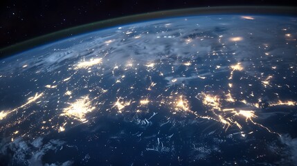 Detailed view of Earth at night, showcasing the lights from populated areas and global network technology in action