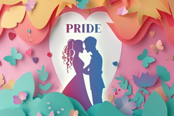 Wall Mural - Artistic silhouettes with rainbow colors and PRIDE text symbolizing love inclusivity and diversity in a vibrant and creative design with a night sky background