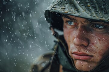 Portrait of ww2 soldier under the rain. World War II