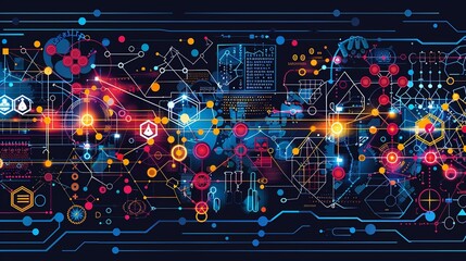 A vibrant 2D flat color illustration featuring complex molecular models, genetic symbols, and biotechnological tools, highlighting the synergy between molecular science and biotechnology. Flat color