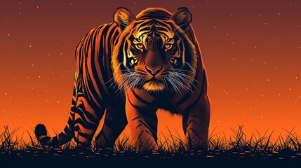 Sticker - 2D flat color depiction of a tiger's skin texture, showcasing its distinctive orange hue with black stripes, creating a striking visual contrast and dynamic energy. Flat color illustration, shiny,