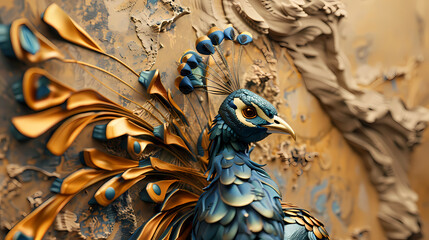 Canvas Print - Volumetric Peacock bird with golden elements against the background of a plaster wall.