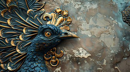 Sticker - Volumetric Peacock bird with golden elements against the background of a plaster wall.