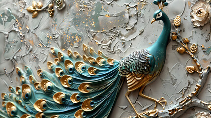 Canvas Print - Volumetric Peacock bird with golden elements against the background of a plaster wall.