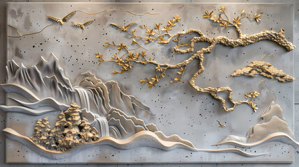 Wall Mural - Japanese-style stucco molding on the wall, bonsai, mountains, sunset.