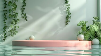 Wall Mural - Minimalist 2D flat color podium design in pastel coral and light green, featuring ivy leaves and a subtle water ripple effect for a calming, natural theme. Flat color illustration, shiny, Minimal and