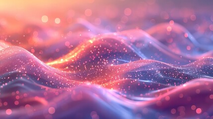 Wall Mural - Surreal digital landscape with ethereal waves of light and sparkling particles in pink and blue colors