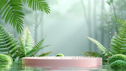 Wall Mural - Minimal pastel-colored podium with shades of blush pink and light green, accented with fern leaves and a soft water droplet effect for a serene, natural aesthetic. Flat color illustration, shiny,