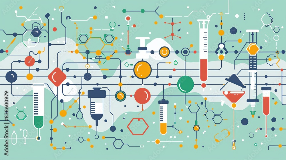 Flat color background featuring a blend of geometric shapes and ...