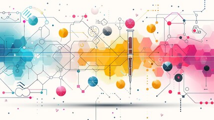 Wall Mural - Abstract background with a combination of geometric shapes in pastel colors, detailed with molecular structures and biotechnology icons like pipettes and centrifuges. Flat color illustration, shiny,