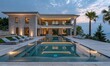 © piai - An extra large pool in a Greek architecture luxury stone villa with surrounded by palm trees and modern outdoor seating