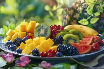 Wall Mural - Tropical fruits - kiwi, mango, bananas and a various berries