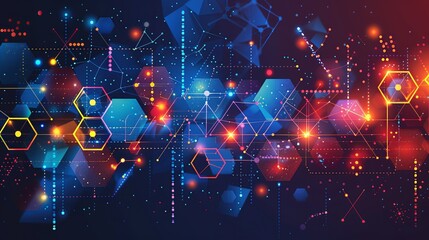 Wall Mural - Abstract geometric design with triangles and hexagons in flat colors, detailed with molecular models and DNA sequences to represent the biotech field. Flat color illustration, shiny, Minimal and