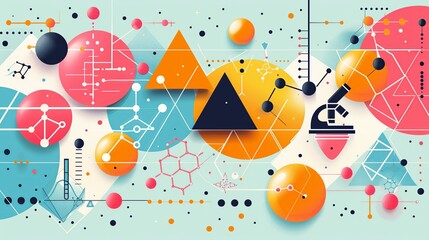 Wall Mural - Abstract geometric background featuring triangles and circles in pastel colors, interspersed with molecular models and biotechnology symbols like microscopes and pipettes. Flat color illustration,