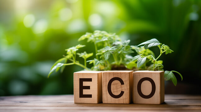 The text word eco on wooden blocks over plants and flowers. environment concept