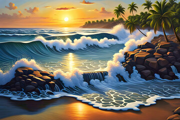 beautiful dramatic landscape painting of a summer vacation paradise - waves crashing against the rocky shore, palm trees in the distance, beautiful sunset