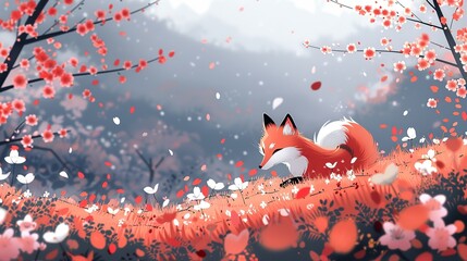 Wall Mural - 2D flat color image of a kitsune playing among a field of cherry blossoms, with the flowersâ€™ delicate petals and the mythical fox creating a harmonious, enchanting scene. Flat color illustration,