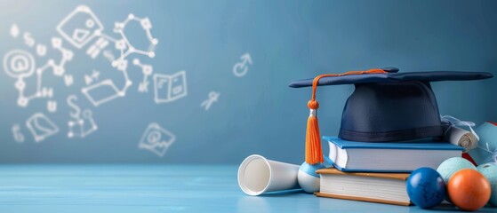 Graduation cap, diploma on stack of books, and symbolic education icons on blue background. Concept of knowledge, achievement, and academic success.